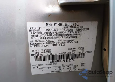 2007 Mercury Montego Luxury from USA, damaged, VIN 1MEHM40117G612327